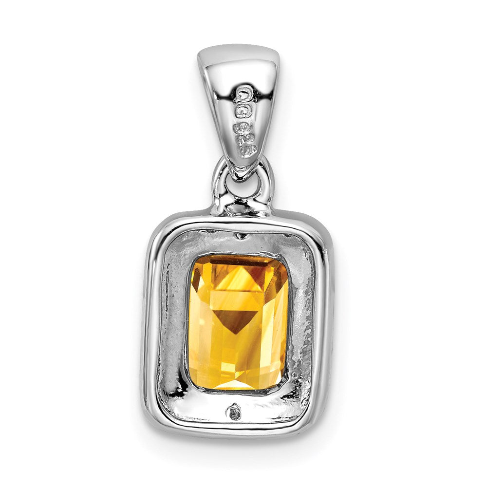 Sterling Silver Rhodium Emerald-cut Citrine & Diamond Pendant QDX785