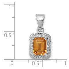 Sterling Silver Rhodium Emerald-cut Citrine & Diamond Pendant QDX785