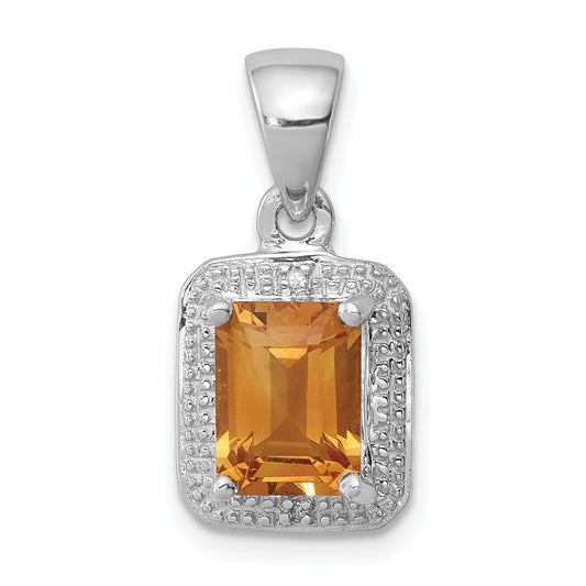 Sterling Silver Rhodium Emerald-cut Citrine & Diamond Pendant QDX785