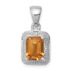 Sterling Silver Rhodium Emerald-cut Citrine & Diamond Pendant QDX785