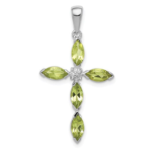 Sterling Silver Rhodium Plated Peridot and Diamond Cross Pendant QDX813
