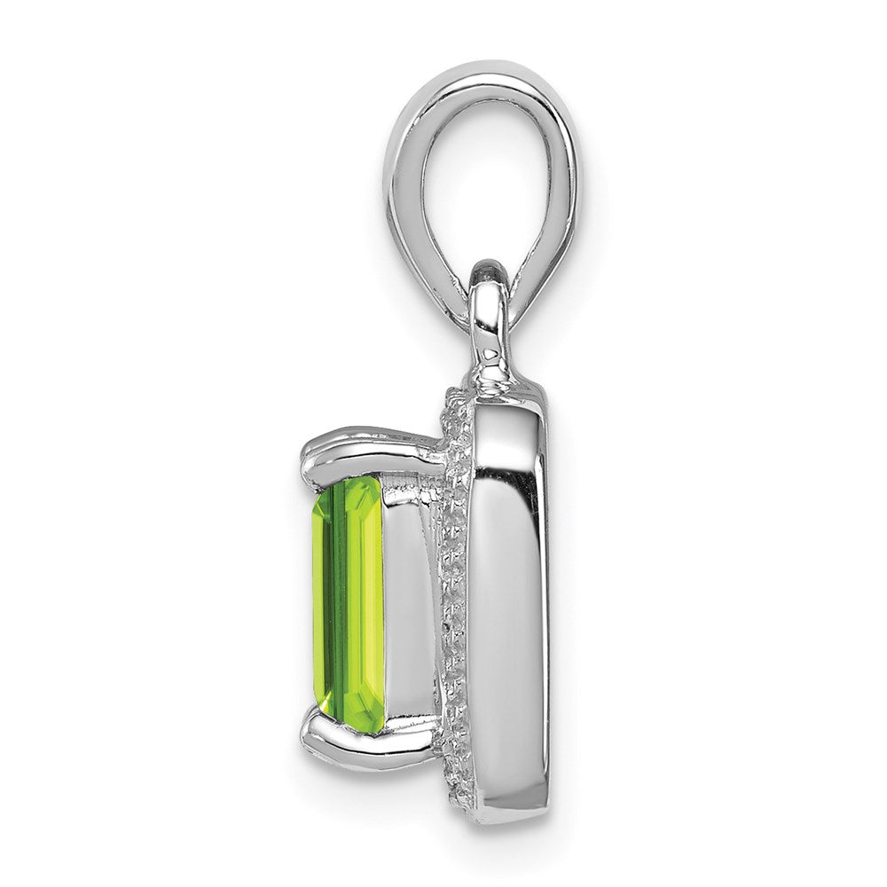 Sterling Silver Rhodium Plated Emerald-cut Peridot and Diamond Pendant QDX814