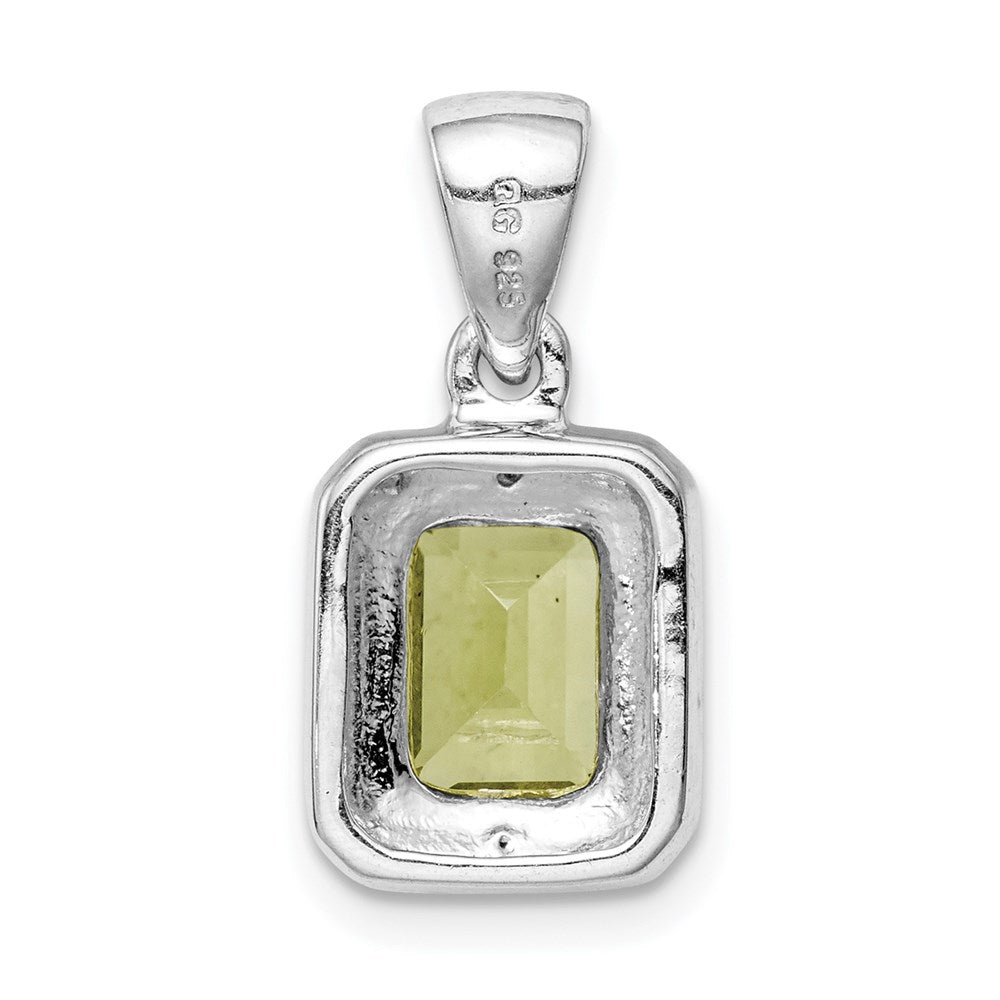 Sterling Silver Rhodium Plated Emerald-cut Peridot and Diamond Pendant QDX814