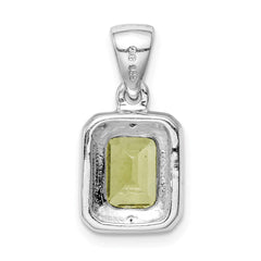 Sterling Silver Rhodium Plated Emerald-cut Peridot and Diamond Pendant QDX814