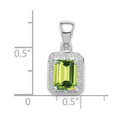 Sterling Silver Rhodium Plated Emerald-cut Peridot and Diamond Pendant QDX814