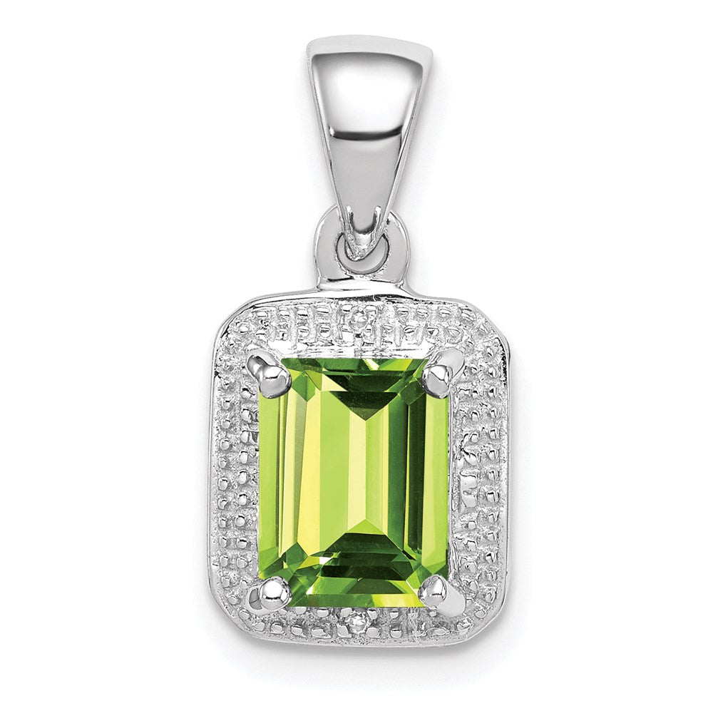 Sterling Silver Rhodium Plated Emerald-cut Peridot and Diamond Pendant QDX814