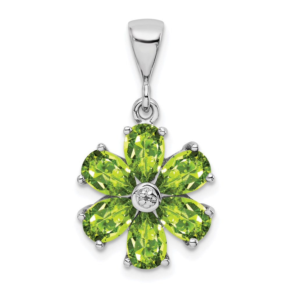 Sterling Silver Rhodium Plated Peridot and Diamond Flower Pendant QDX816