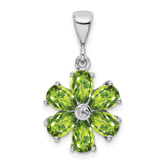 Sterling Silver Rhodium Plated Peridot and Diamond Flower Pendant QDX816