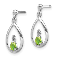 QDX826 Sterling Silver Rhodium Plated Pear Peridot and Diamond Post Earrings
