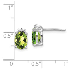 QDX828 Sterling Silver Rhodium Plated Oval Peridot and Diamond Post Earrings