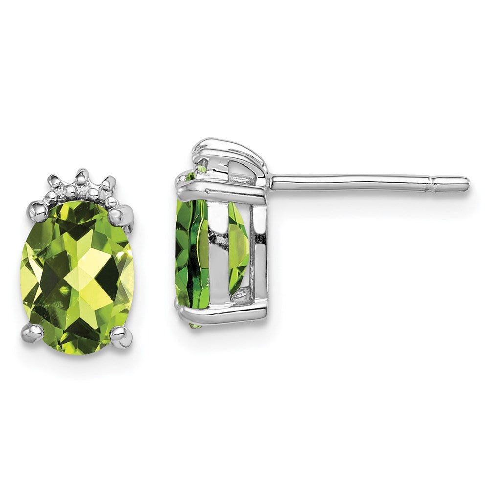 QDX828 Sterling Silver Rhodium Plated Oval Peridot and Diamond Post Earrings