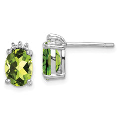 QDX828 Sterling Silver Rhodium Plated Oval Peridot and Diamond Post Earrings