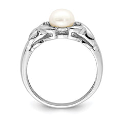 Sterling Silver Rhodium FW Cultured Button Pearl & Diamond Ring