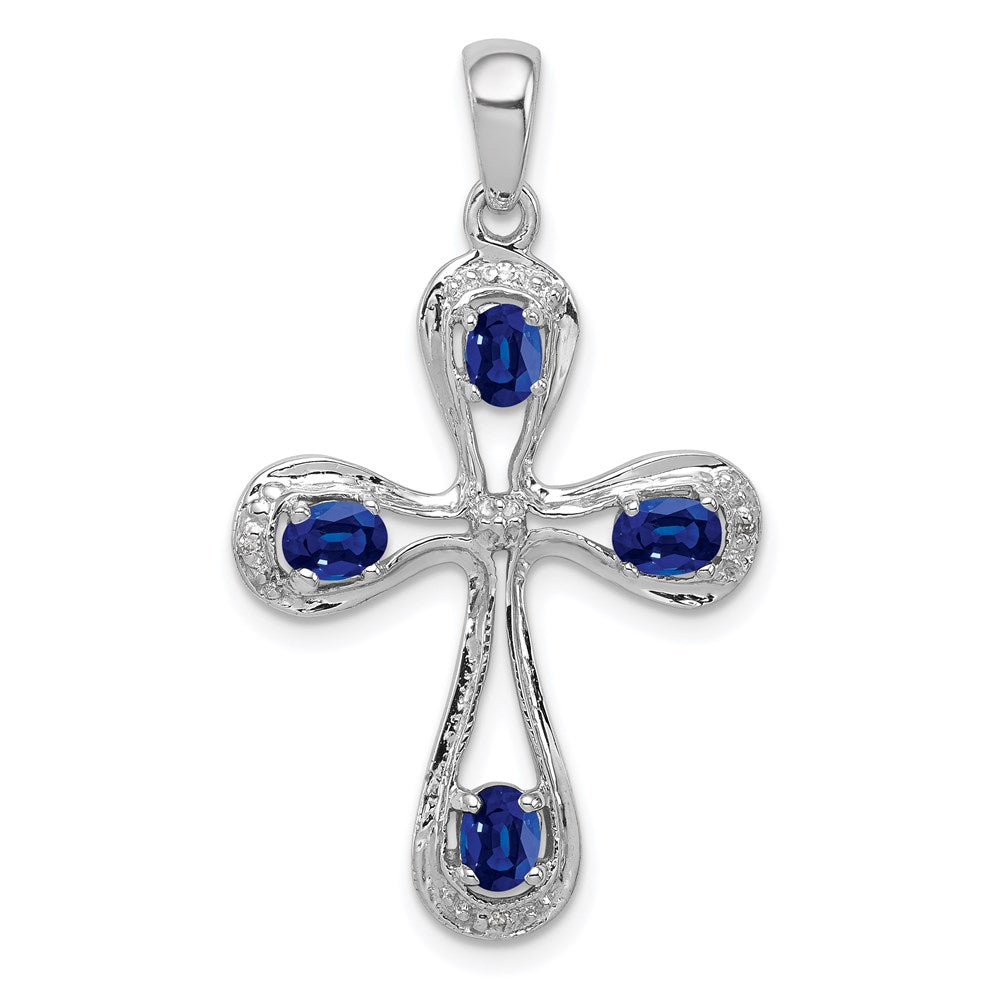 Sterling Silver Rhodium Dark Sapphire & Diamond Cross Pendant QDX863