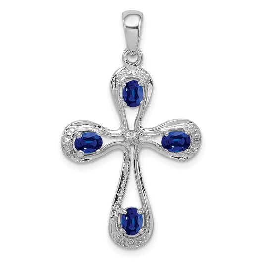 Sterling Silver Rhodium Dark Sapphire & Diamond Cross Pendant QDX863