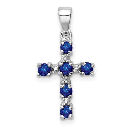 Sterling Silver Rhodium Dark Sapphire & Diamond Accent Cross Pendant QDX864