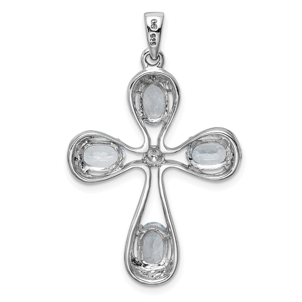 Sterling Silver Rhodium-plated Aquamarine & Diamond Cross Pendant QDX885