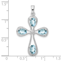 Sterling Silver Rhodium-plated Aquamarine & Diamond Cross Pendant QDX885