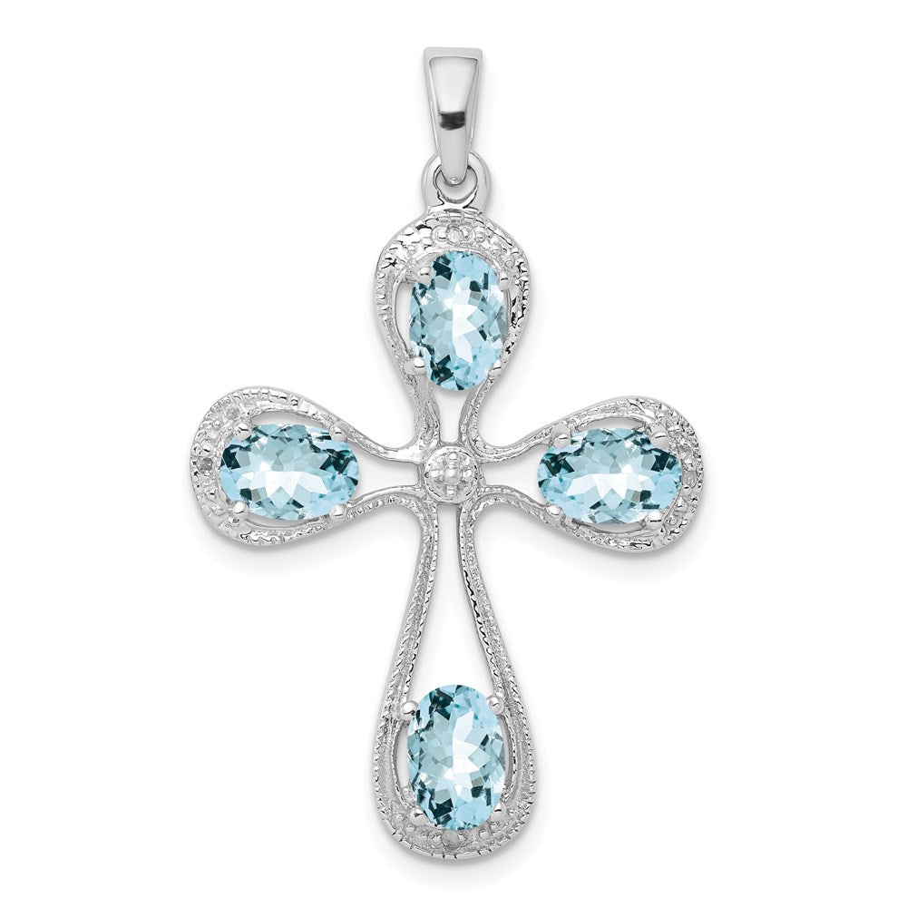 Sterling Silver Rhodium-plated Aquamarine & Diamond Cross Pendant QDX885