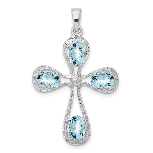 Sterling Silver Rhodium-plated Aquamarine & Diamond Cross Pendant QDX885