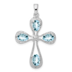 Sterling Silver Rhodium-plated Aquamarine & Diamond Cross Pendant QDX885