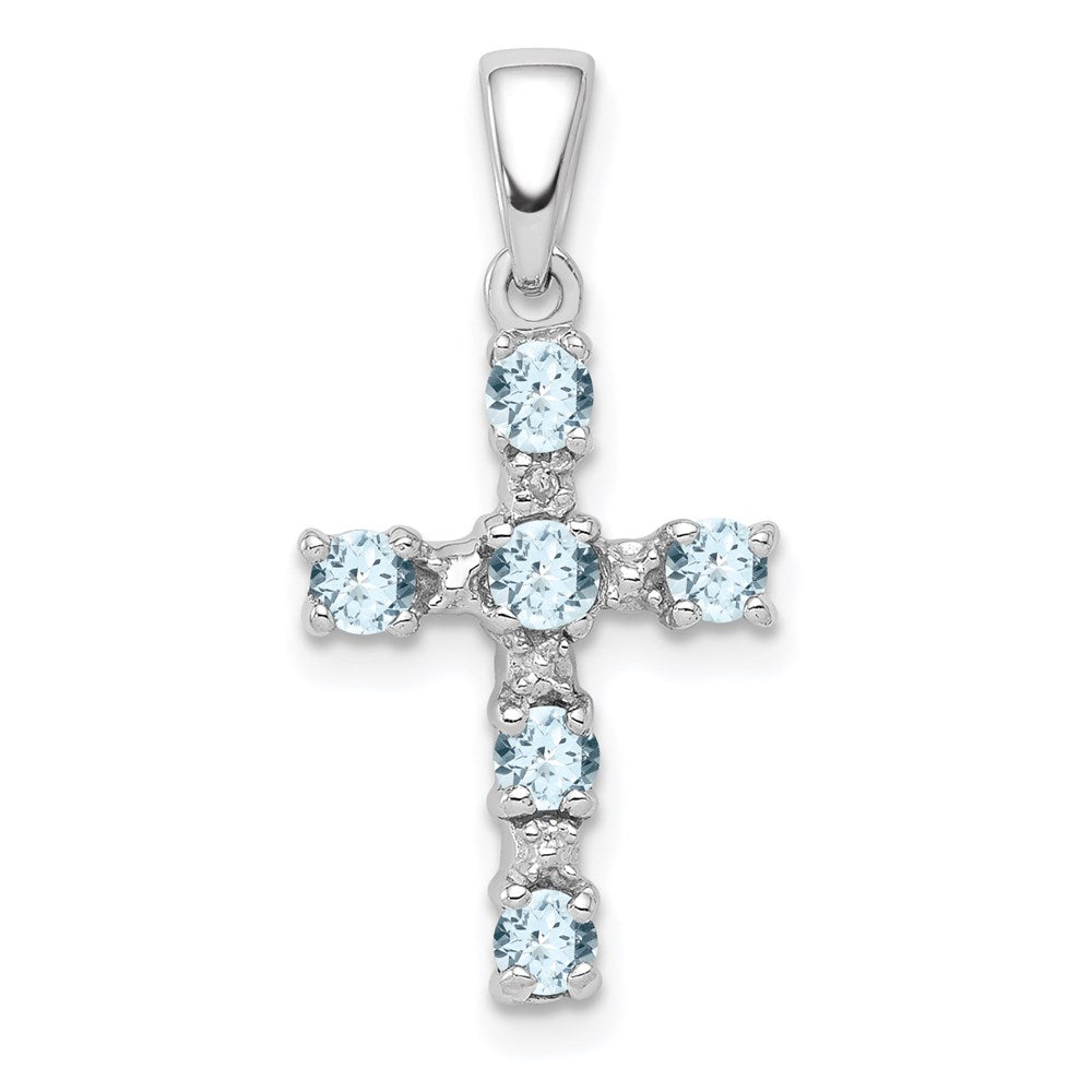 Sterling Silver Rhodium-plated Aquamarine & Diamond Accent Cross Pendant QDX888