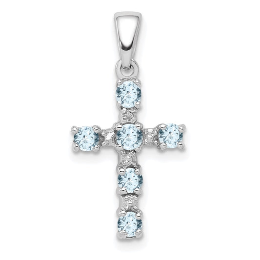 Sterling Silver Rhodium-plated Aquamarine & Diamond Accent Cross Pendant QDX888