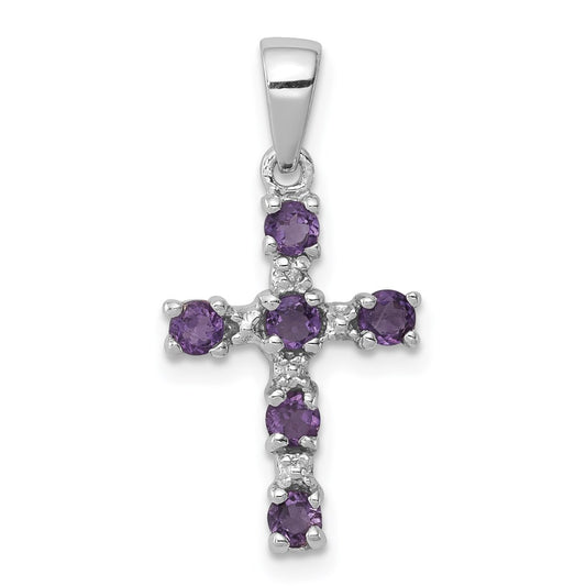 Sterling Silver RH Plated Amethyst and Diamond Accent Cross Pendant QDX898