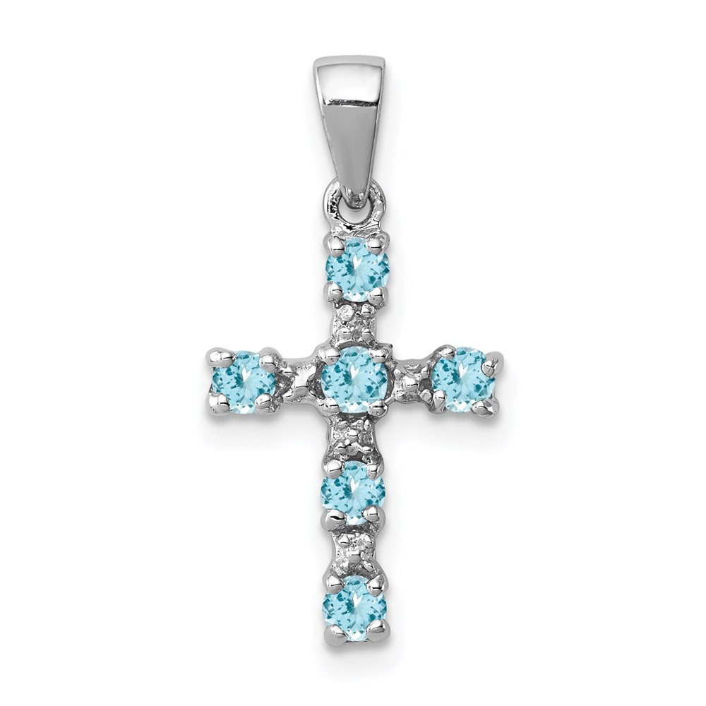 Sterling Silver Rhodium Lt Sw Blue Topaz Cross & Diamond Accent Pendant QDX899