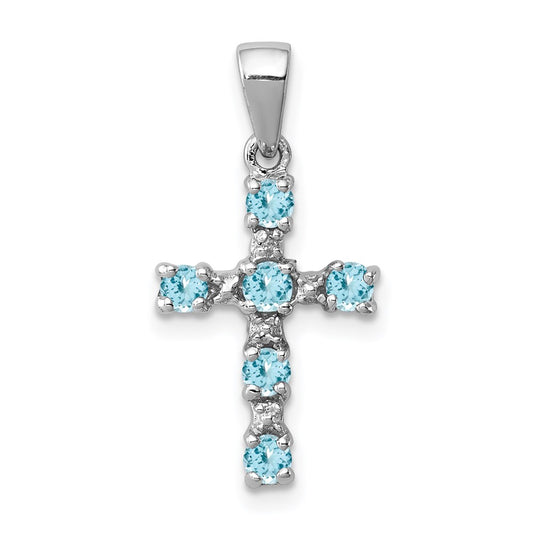 Sterling Silver Rhodium Lt Sw Blue Topaz Cross & Diamond Accent Pendant QDX899