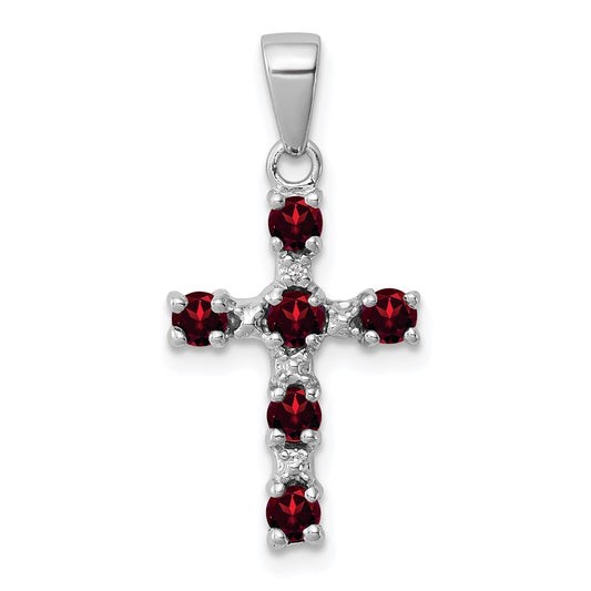 Sterling Silver Rhodium-plated Garnet & Diamond Accent Cross Pendant QDX900