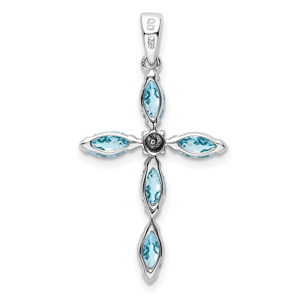 Sterling Silver Rhodium Lt Sw Blue Topaz Cross & Diamond Pendant QDX903