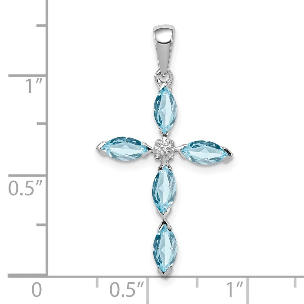 Sterling Silver Rhodium Lt Sw Blue Topaz Cross & Diamond Pendant QDX903