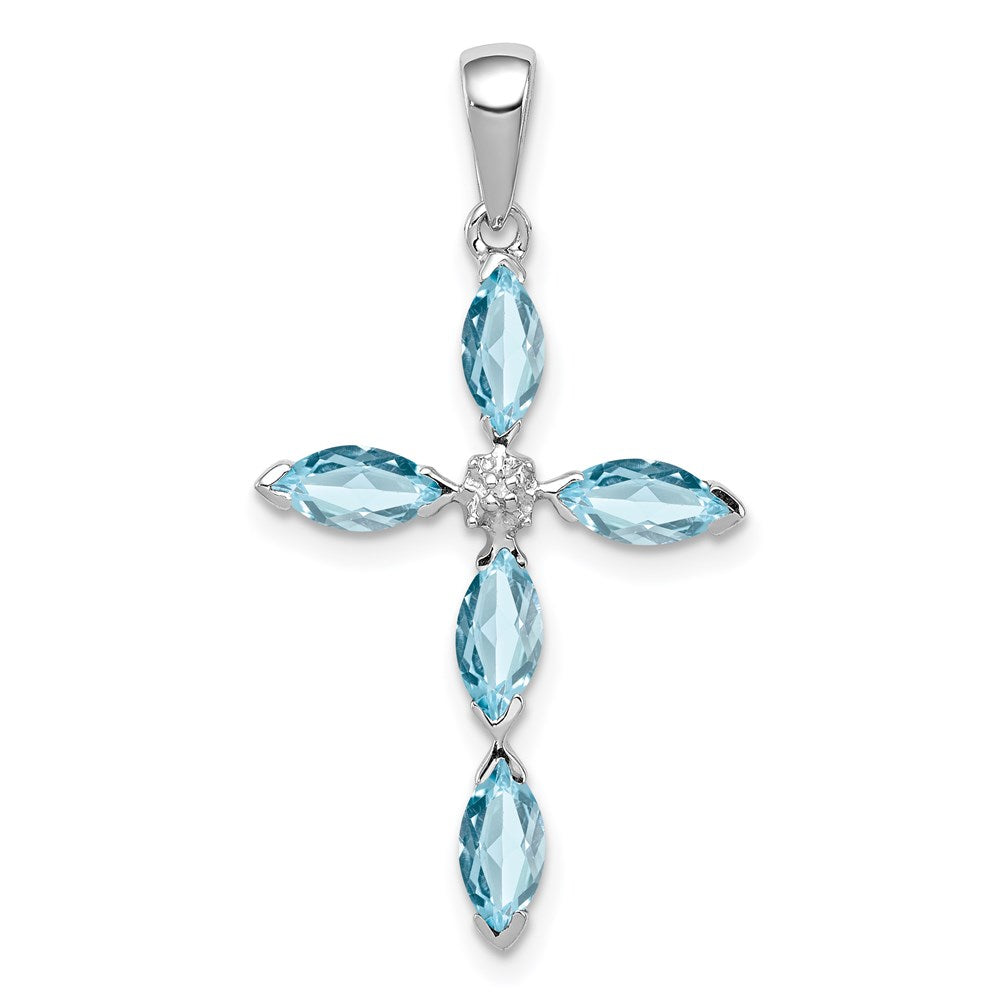 Sterling Silver Rhodium Lt Sw Blue Topaz Cross & Diamond Pendant QDX903