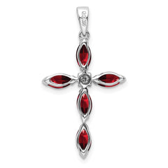 Sterling Silver Rhodium Garnet & Diamond Cross Pendant QDX904