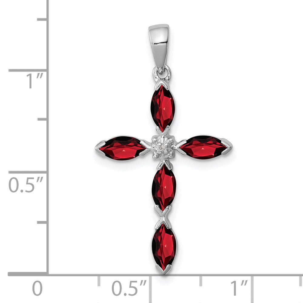 Sterling Silver Rhodium Garnet & Diamond Cross Pendant QDX904