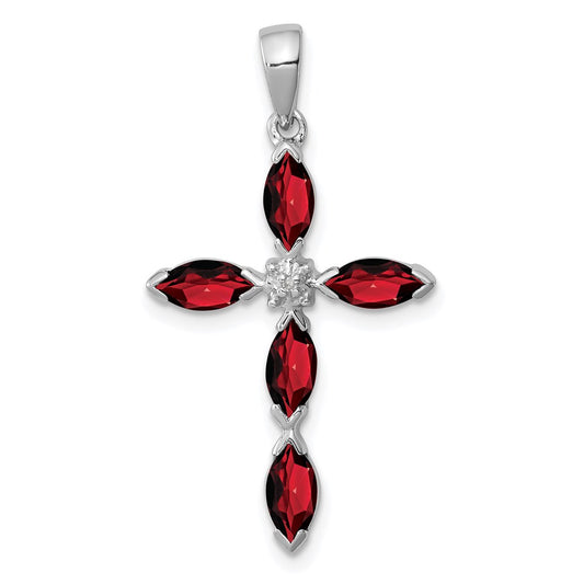 Sterling Silver Rhodium Garnet & Diamond Cross Pendant QDX904