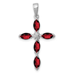 Sterling Silver Rhodium Garnet & Diamond Cross Pendant QDX904