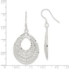 QE1 Sterling Silver Polished Textured D/C Filigree Teardrop Dangle Earrings