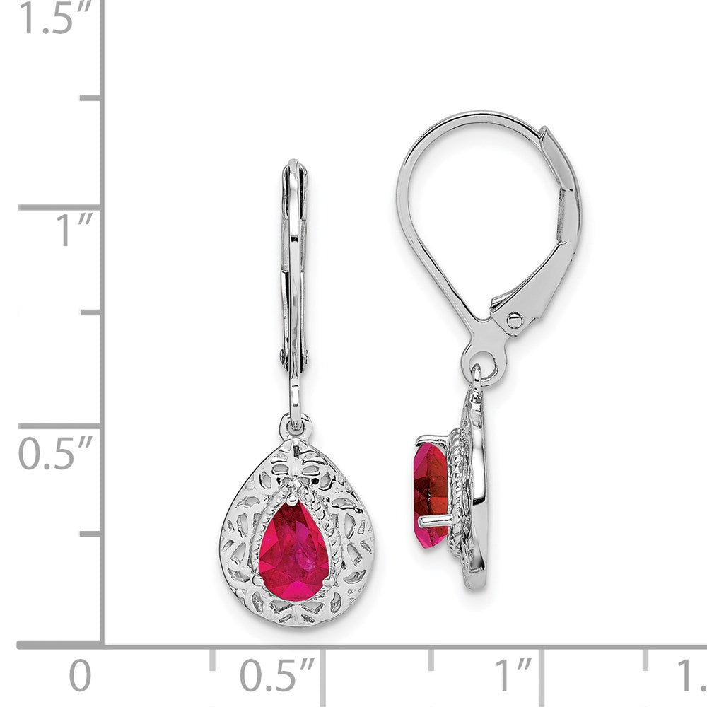QE10017R Sterling Silver Rhodium Ruby Teardrop Lever Back Earrings
