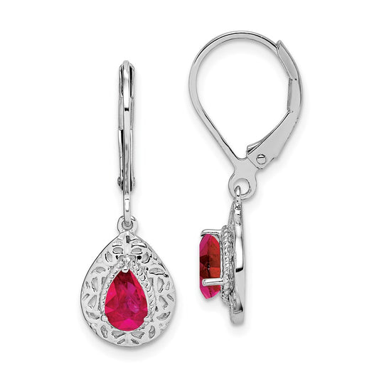 QE10017R Sterling Silver Rhodium Ruby Teardrop Lever Back Earrings