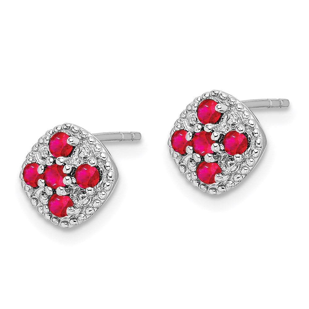 QE10109R Sterling Silver Rhodium-plated Ruby Flower Post Earrings