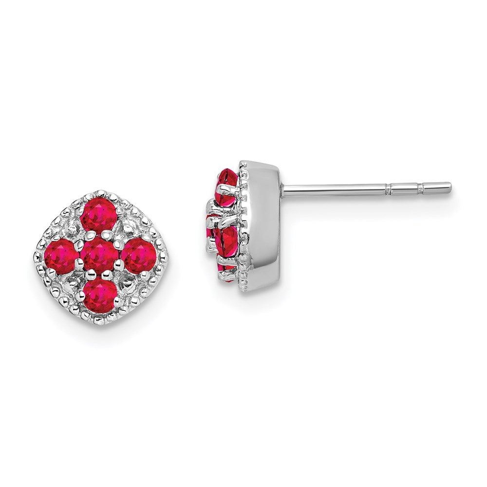 QE10109R Sterling Silver Rhodium-plated Ruby Flower Post Earrings