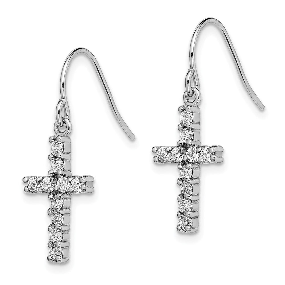QE1012 Sterling Silver Rhodium-plated Polished CZ Latin Cross Dangle Earrings