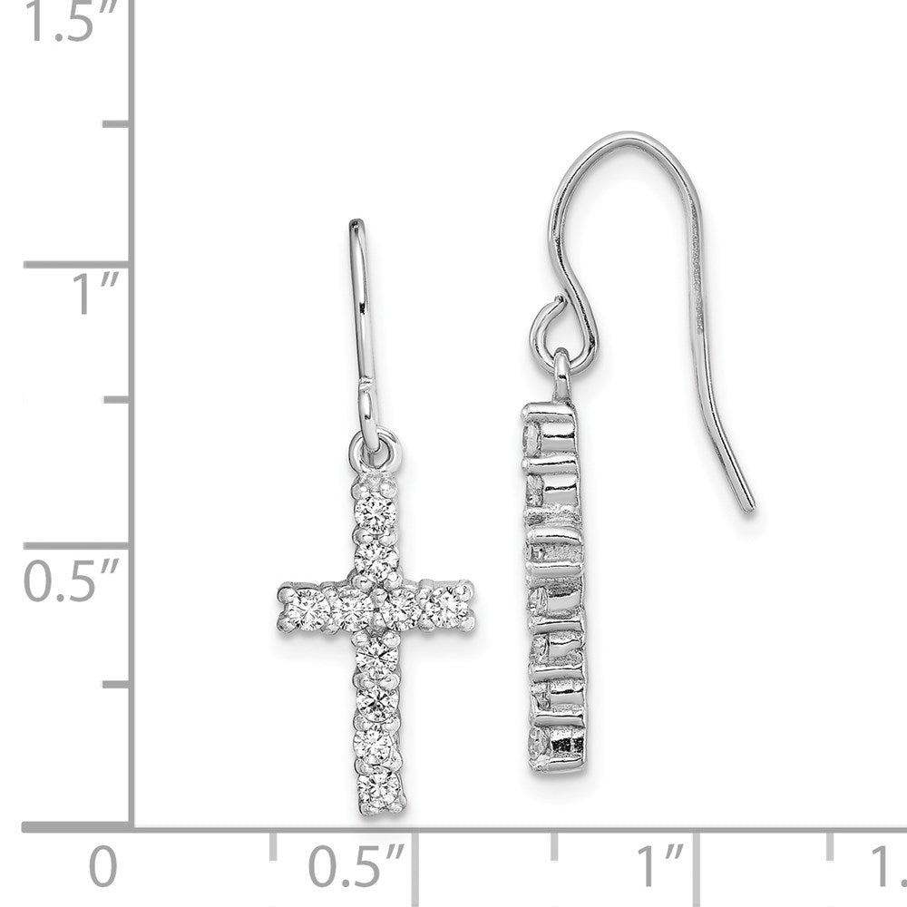 QE1012 Sterling Silver Rhodium-plated Polished CZ Latin Cross Dangle Earrings