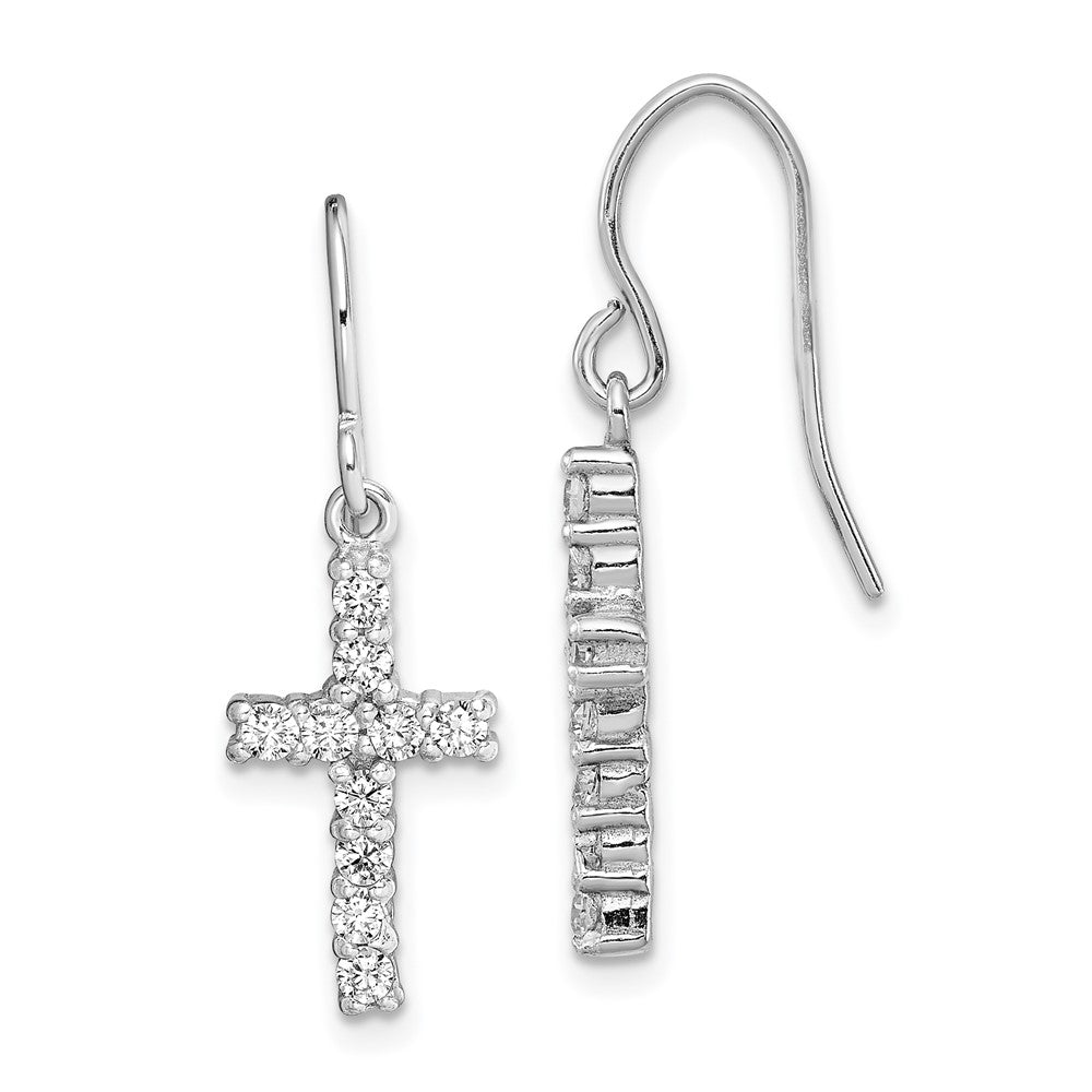 QE1012 Sterling Silver Rhodium-plated Polished CZ Latin Cross Dangle Earrings