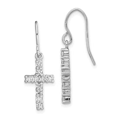 QE1012 Sterling Silver Rhodium-plated Polished CZ Latin Cross Dangle Earrings