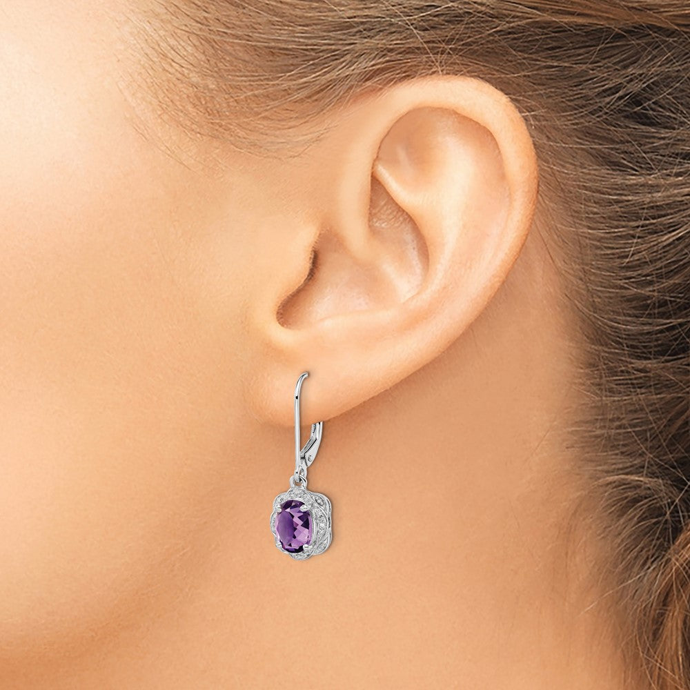 QE10151AM Sterling Silver Rhodium-plated Diamond and Amethyst Earrings