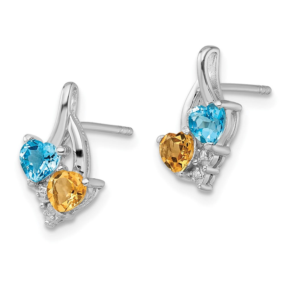 QE10259 Sterling Silver Rhodium-plated Blue Topaz and Citrine Diamond Earrings