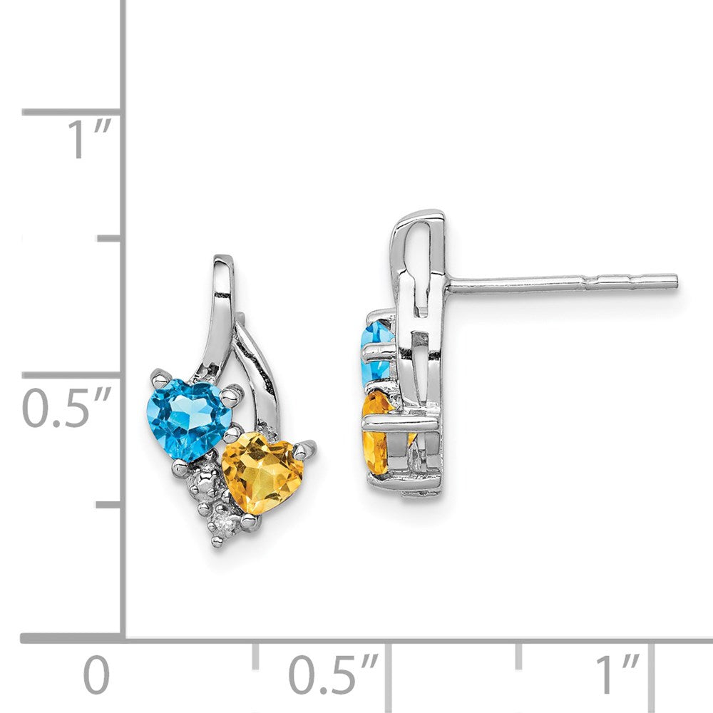 QE10259 Sterling Silver Rhodium-plated Blue Topaz and Citrine Diamond Earrings